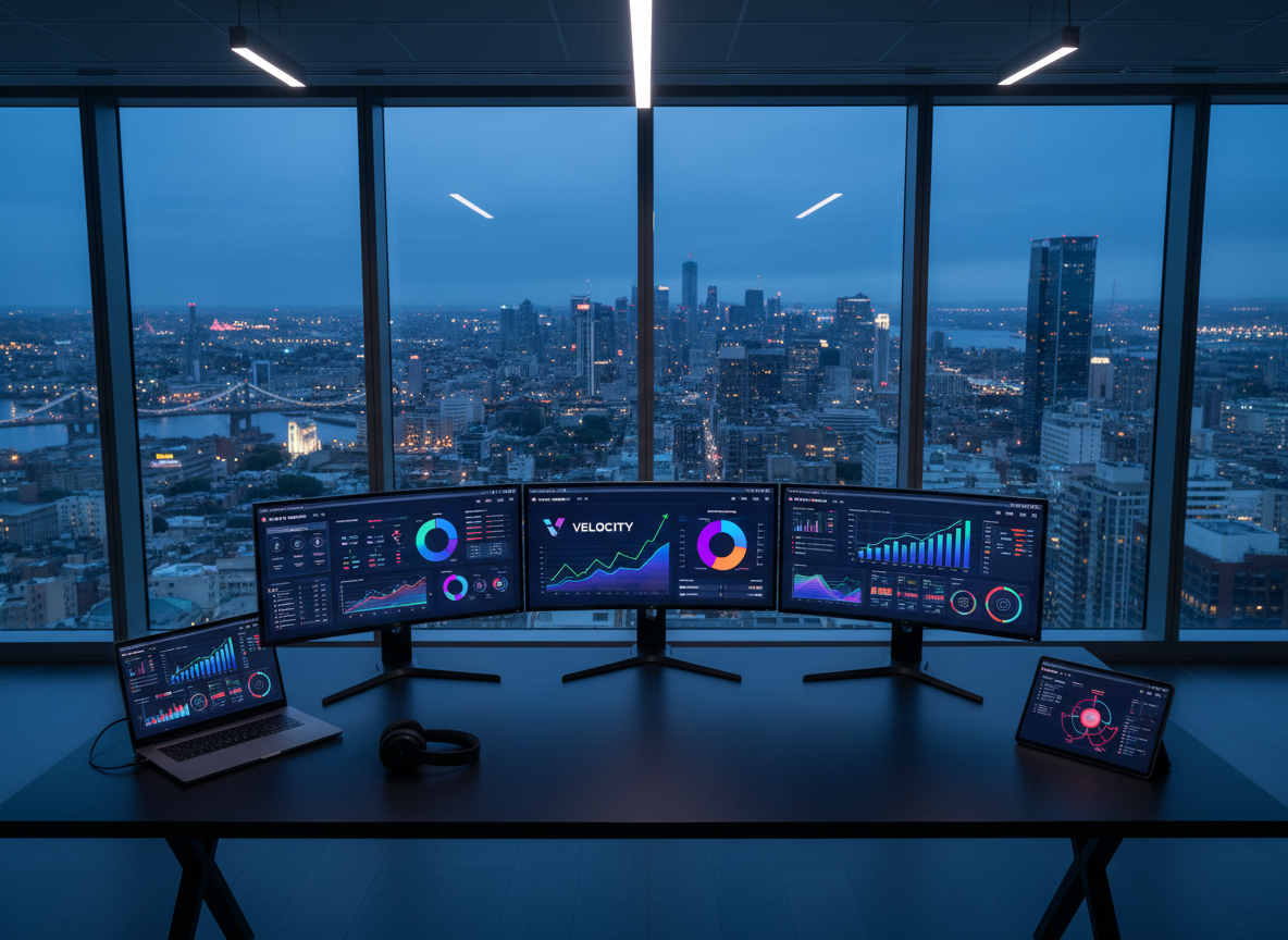 A sleek, modern workstation representing a high-performance marketing command center, with multiple ultra-thin monitors displaying vibrant, abstract data visualizations, rising growth curves, and dynamic campaign dashboards. The dark, matte desk surface holds a slim laptop, wireless headset, and a tablet glowing with colorful analytics. In the background, a panoramic city skyline is visible through tall glass windows. Cool, directional studio lighting creates crisp reflections on the screens and subtle shadows across the desk. Shot from a slightly elevated angle with sharp focus throughout, the photographic realism emphasizes a bold, energetic atmosphere of strategy, speed, and momentum for a tech-driven marketing agency.