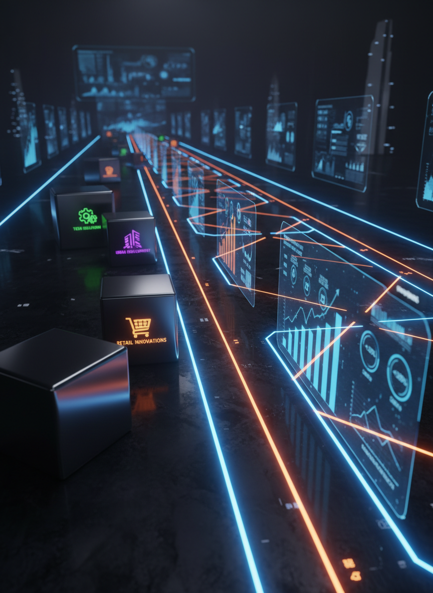 A futuristic digital runway made of glowing blue and orange light strips stretching into the distance, each segment marked by floating holographic charts, audience insights, and campaign metrics. On one side, sleek metallic cubes symbolize different client industries, each subtly illuminated with distinct accent colors. The environment resembles a dark, high-tech control hub, with faint outlines of transparent screens and abstract cityscapes in the background. Strong, directional lighting from the glowing runway creates dramatic contrast and reflections on the polished floor. Shot from a low-angle perspective to enhance the sense of speed and forward motion, the photographic realism and bold color contrast evoke growth, momentum, and the thrill of launching powerful marketing campaigns.