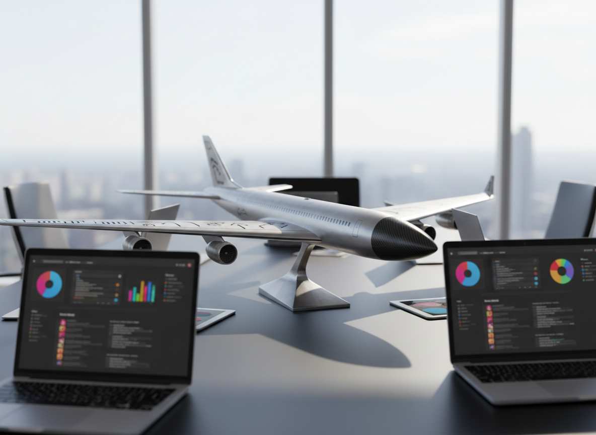 A large, stylized model airplane made of brushed aluminum and carbon fiber, with sharp, aerodynamic wings and subtle etched patterns suggesting upward arrows and digital graphs, placed on a glossy black conference table. Around it, open laptops and tablets display blurred, colorful marketing dashboards and social media feeds, hinting at collaborative planning. Bright, diffused daylight pours through floor-to-ceiling windows of a high-rise office, casting clean reflections and long, dramatic shadows. Captured at eye level with the plane in sharp focus and the technology softly blurred, the photographic style conveys a bold, aspirational mood of businesses getting ready to take flight through powerful marketing strategy.